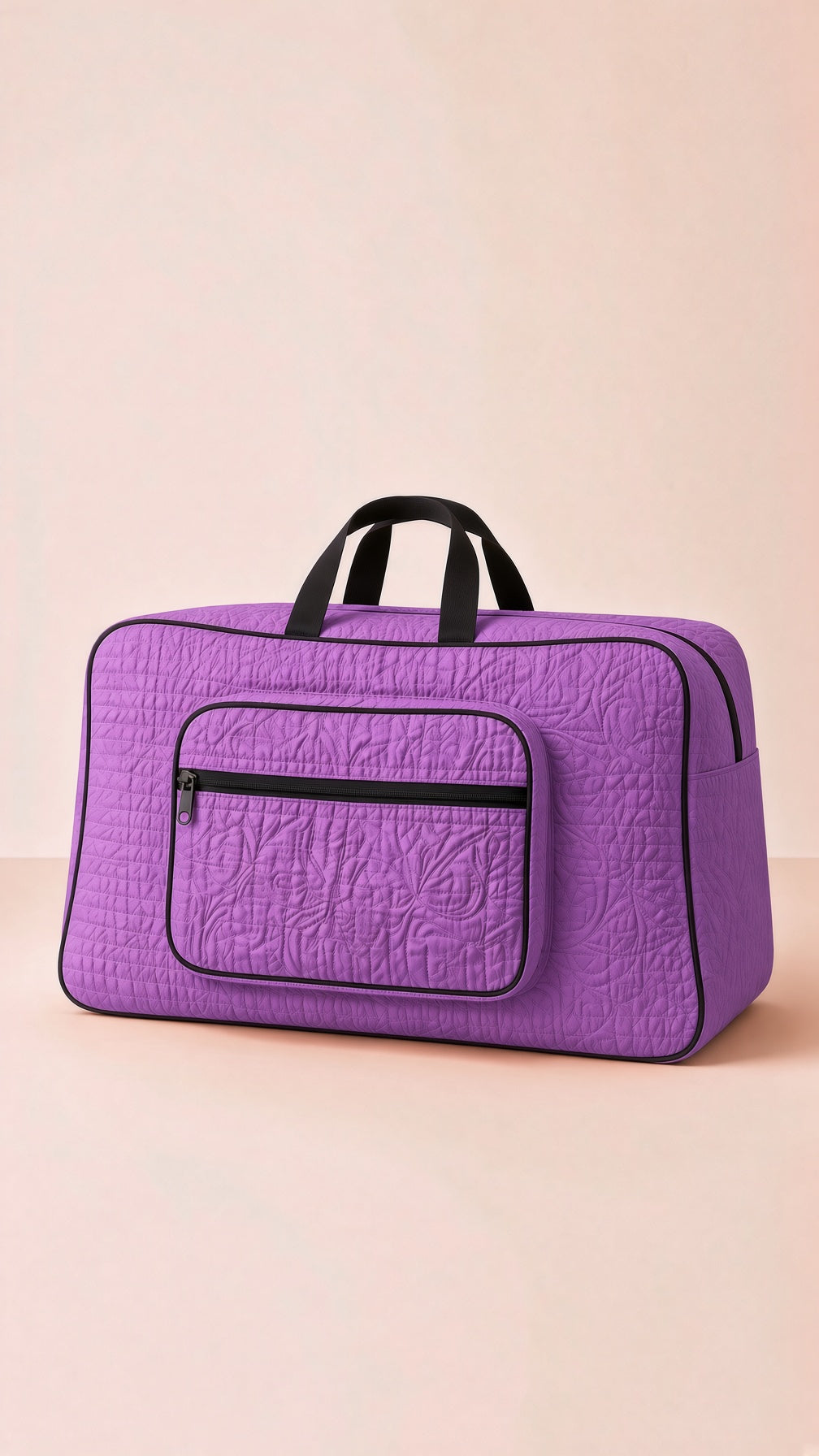 Quilted pink storage travel bag organizer tote, front view.