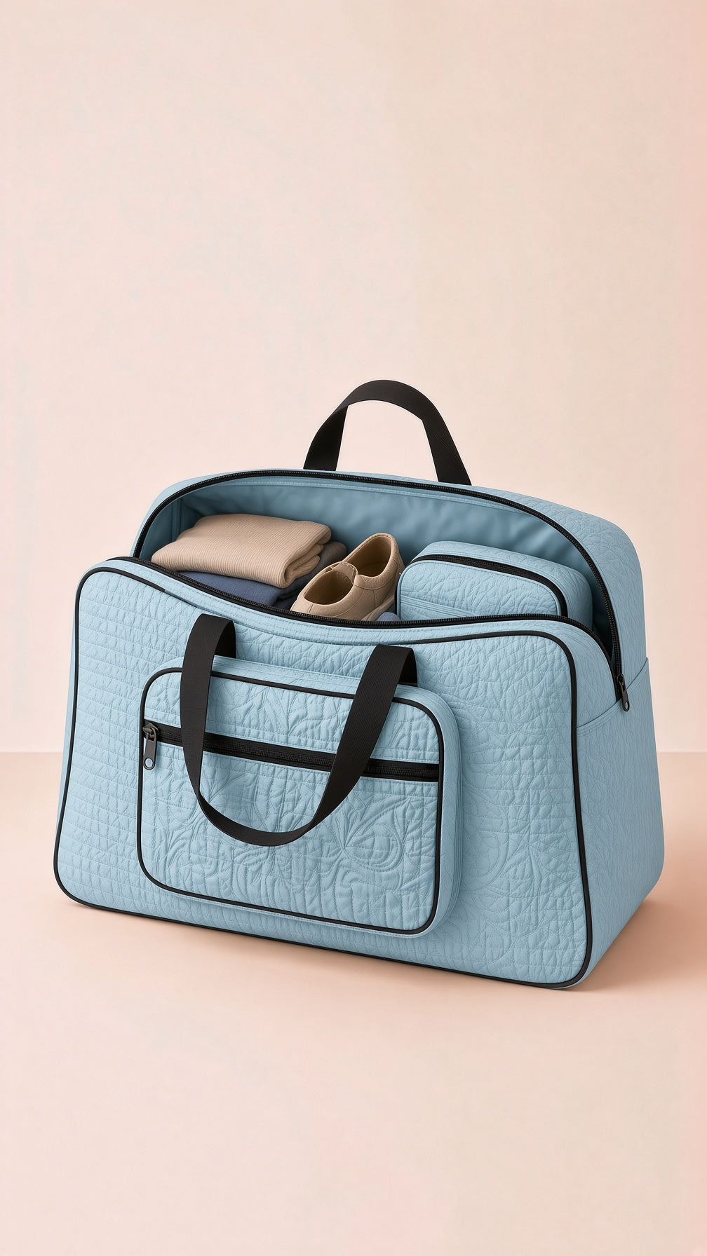 Quilted Travel Storage Bag, Signature Ease, cream, front view, open zipper, for toiletries, cosmetics, accessories