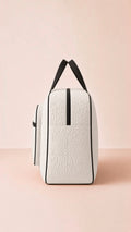 Quilted storage bag, travel organizer tote, cream, front view, zipper, handle. Image 3 of 13.