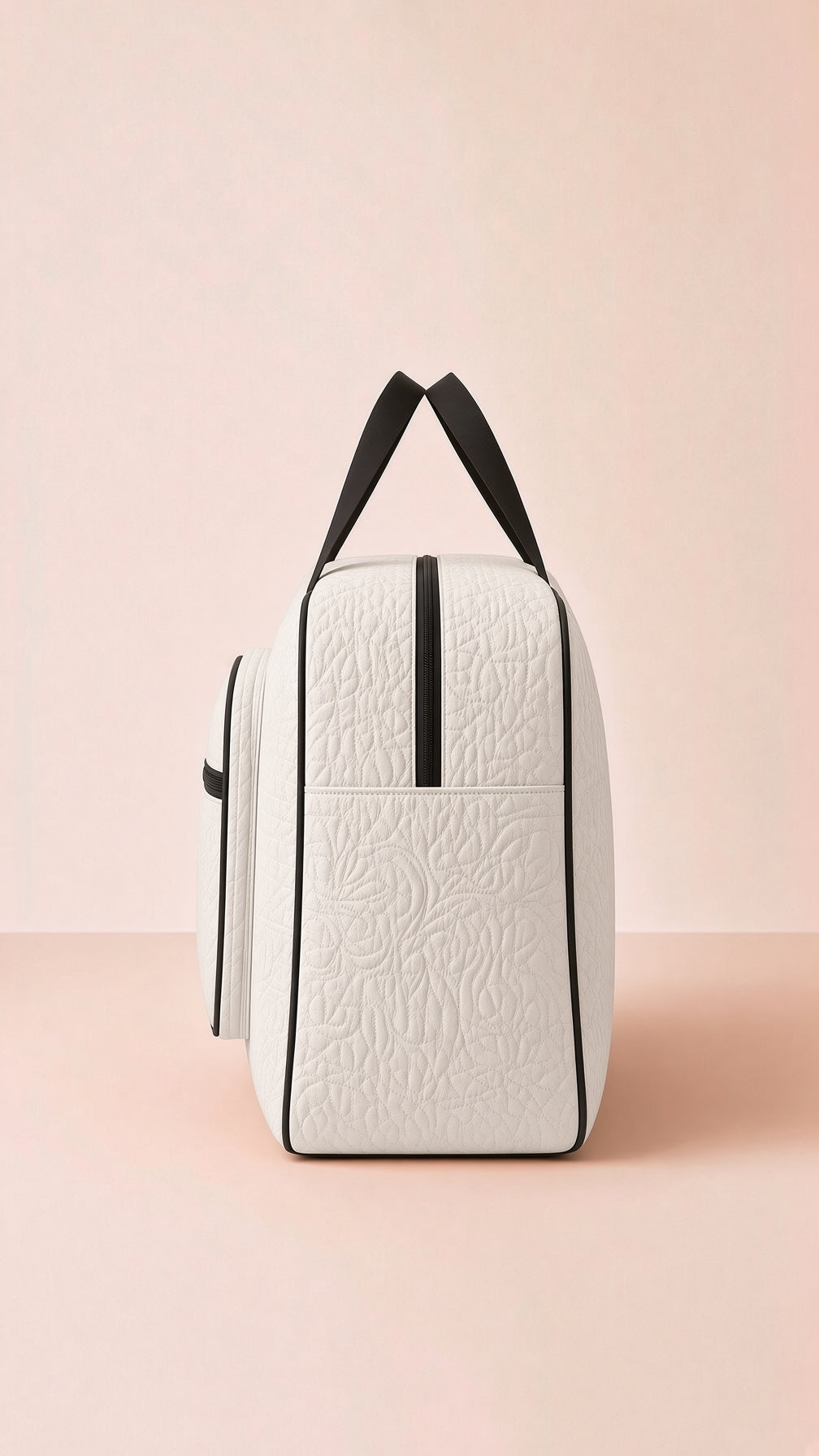 Quilted storage bag, travel organizer tote, cream, front view, zipper, handle. Image 3 of 13.