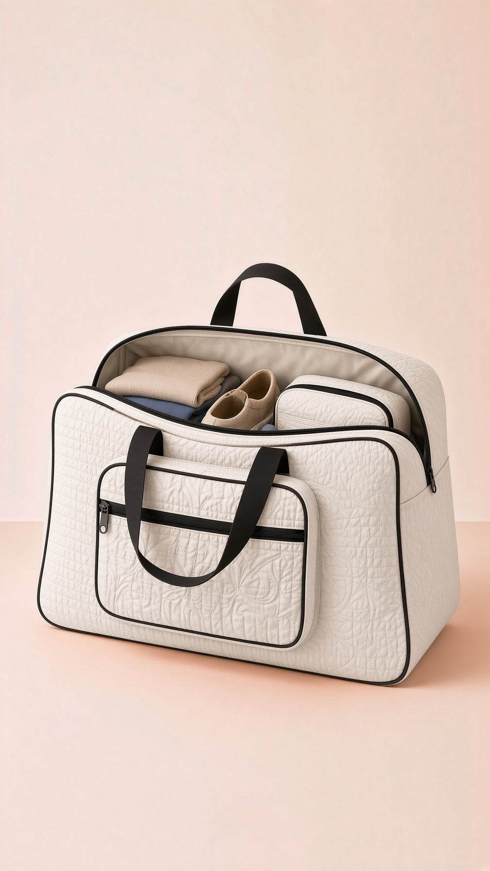 Quilted storage bag, travel organizer tote, cream, front view.