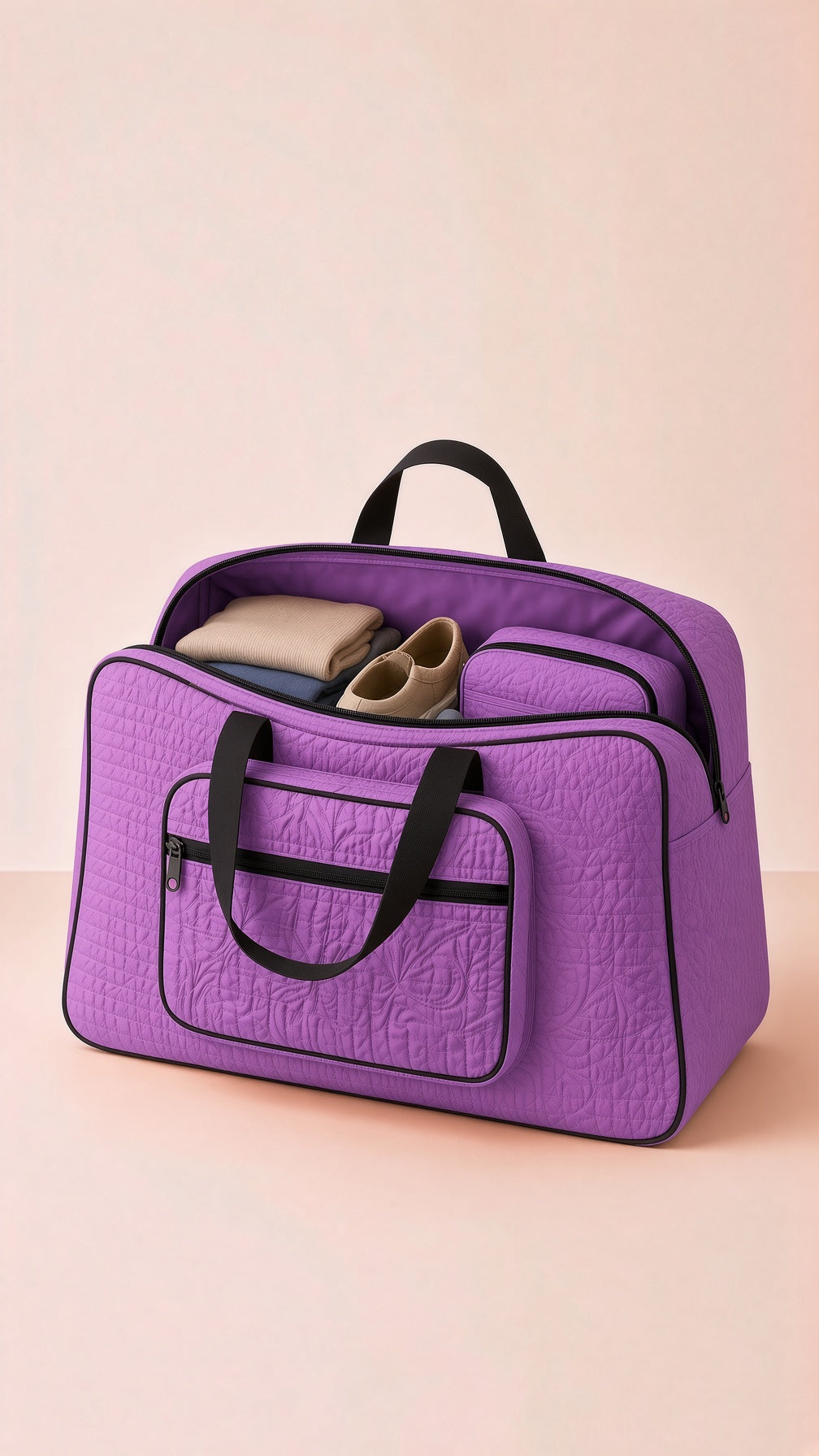 Quilted pink storage travel bag organizer tote, front view.