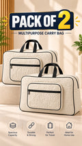 Quilted storage bag, travel organizer tote, cream, front view, zipper, handle. Image 8 of 13.