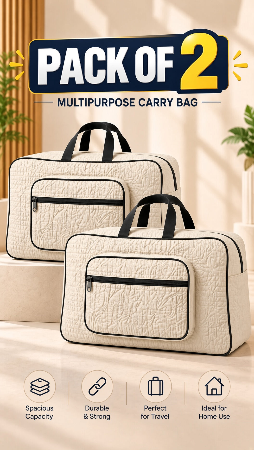 Quilted storage bag, travel organizer tote, cream, front view, zipper, handle. Image 8 of 13.