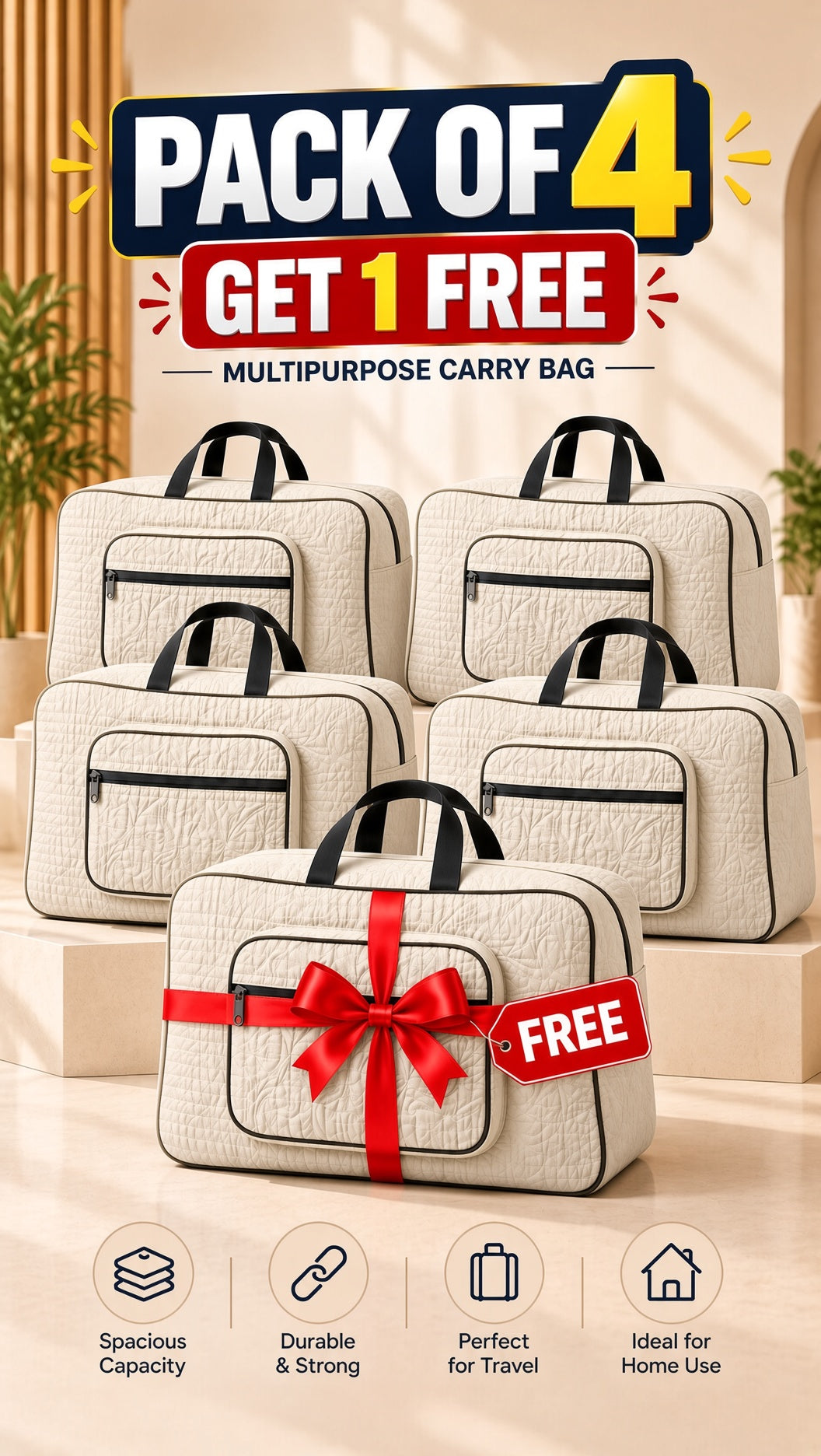 Signature quilted storage bag, travel organizer tote, cream, zippered, side pocket, image 10 of 13.